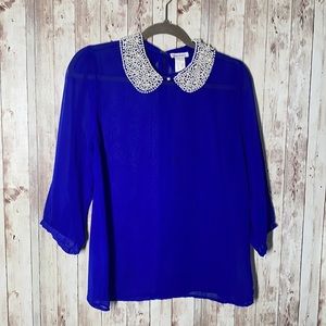 Blue pearl collar dressy shirt